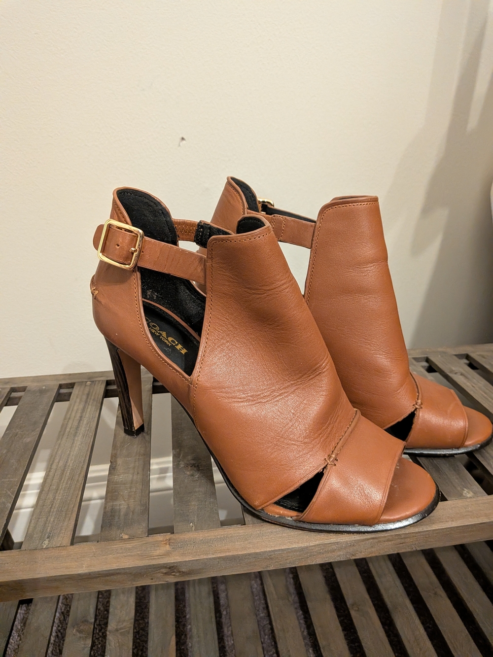 Coach Tan Leather Peep-Toe Ankle Strap Bootie Heels